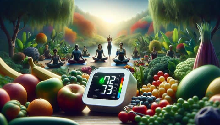 A person engaging in yoga in a garden, surrounded by healthy foods and a normal blood pressure reading.