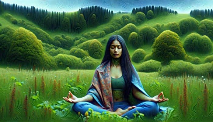 A person practising yoga in the tranquil UK countryside, surrounded by greenery, symbolising relaxation.