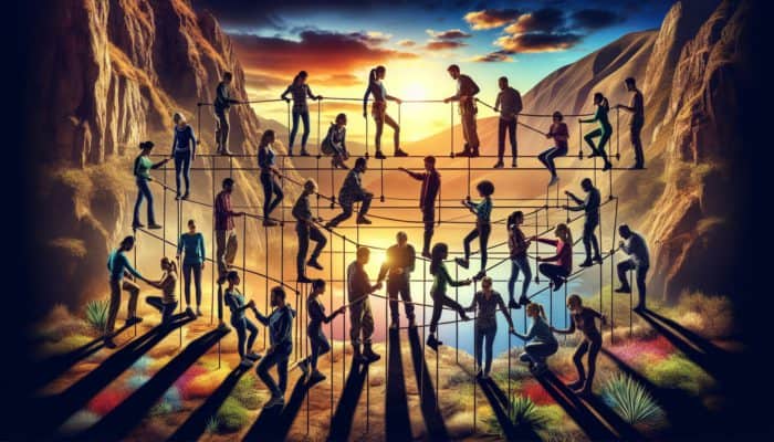 Diverse group in a wilderness setting participating in trust-building exercises at sunset.