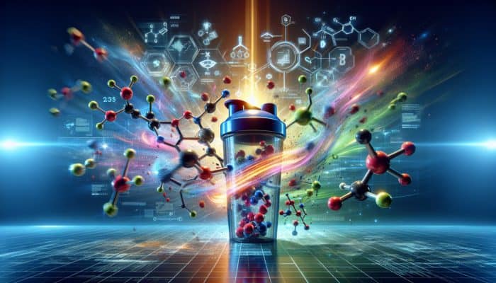 Illustration of nootropic ingredients like caffeine and L-theanine swirling around a pre-workout shaker.