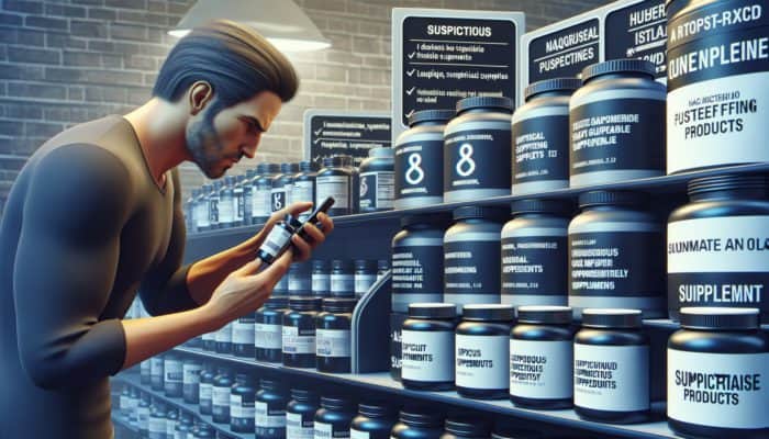 A consumer checks supplement labels for certifications, wary of cheap products, with trusted brand logos in the background.