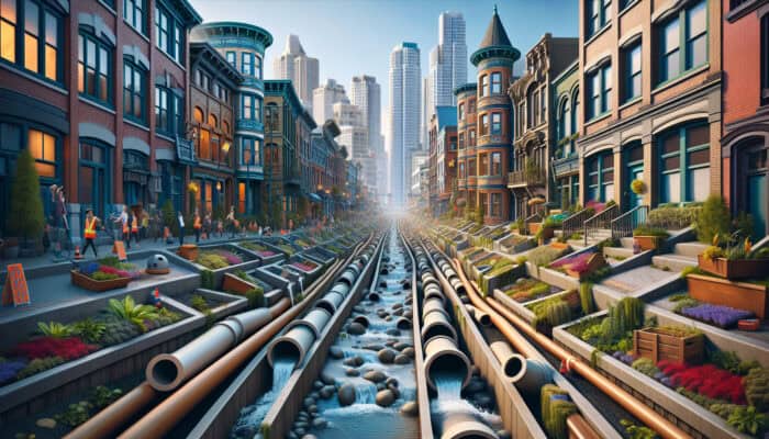 Visual representation of Gastown's historic streets featuring various outdoor drainage systems effectively managing water.