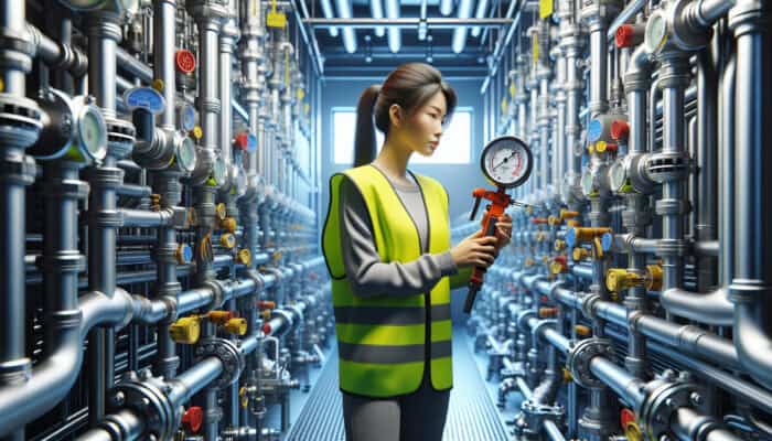 Certified professional inspecting plumbing system with specialized equipment in utility room to prevent backflow.