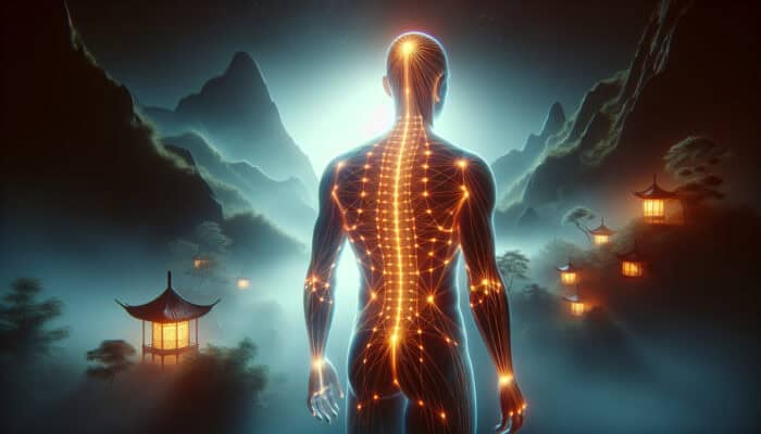 Artistic depiction of the human body with highlighted acupuncture meridians, set against a tranquil Chinese backdrop.