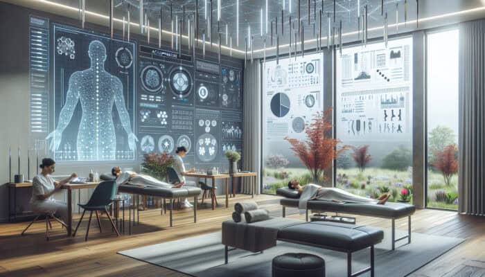 A serene clinic room in the UK with patients receiving acupuncture, surrounded by modern technology and natural elements, representing holistic health and well-being.