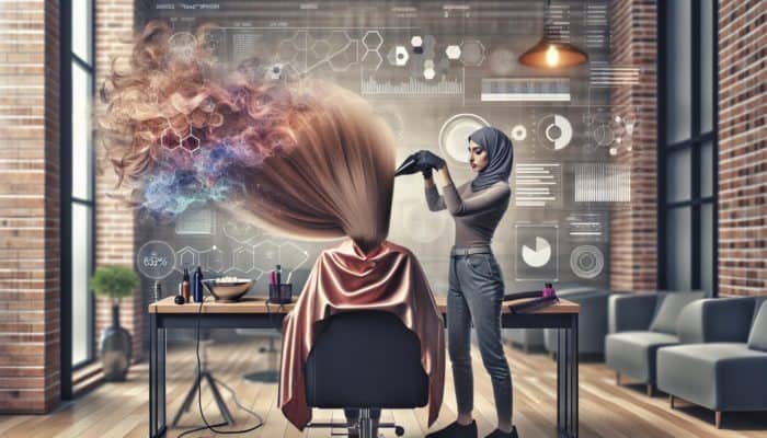 A hairstylist in a modern salon using volumizing products to create a bouncy hairstyle from fine hair.