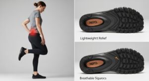 A woman stands holding her hip with a red highlight indicating back pain relief. Next to her are two images of black Xero Shoes soles labeled "Lightweight Relief" and "Breathable Sigurocs" for improved posture.