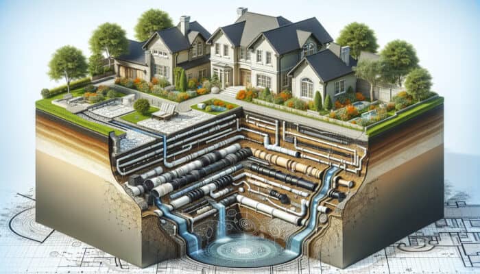 Cross-section of yard in Port Coquitlam showing French, surface, interceptor, and channel drains.