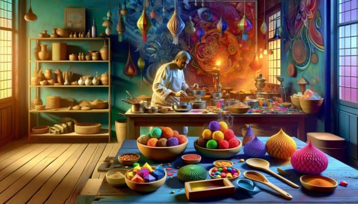 An expert Indian chef crafting colorful Diwali sweets in a vibrant kitchen with traditional utensils and festive decor.