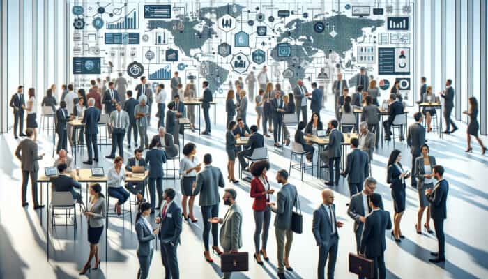 A bustling networking event with professionals exchanging ideas and forging connections.