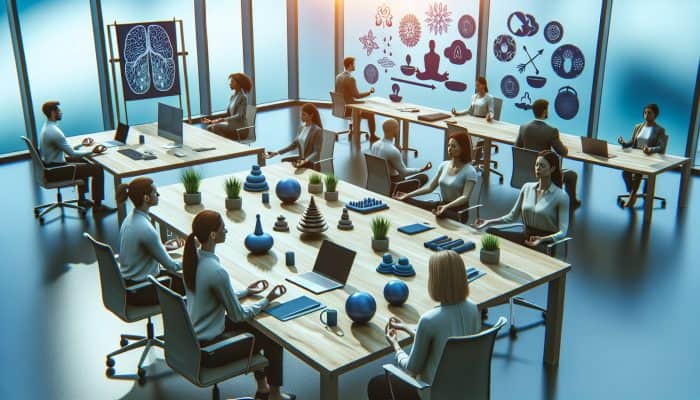 UK office workers engaging in brief mindfulness sessions, supported by workshops and resources.