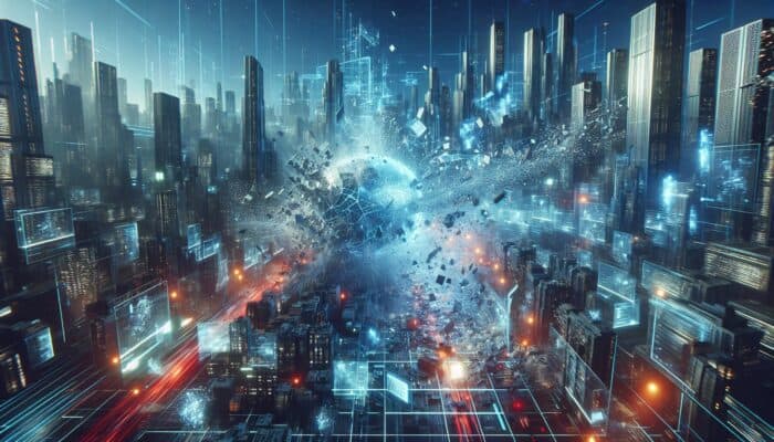 A digital wave crashes through a neon-lit dystopian city, shattering holographic screens and igniting chaotic data streams.