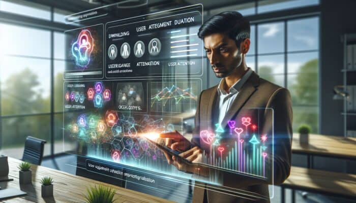 A dedicated data analyst in a modern office examines vibrant graphs showing declining user engagement metrics such as CTR and time-on-page, with holographic overlays of user interactions.