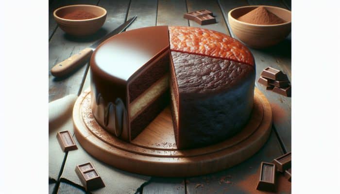 Two cakes on a rustic table: one dark and smooth from Dutch-processed cocoa, the other lighter with vibrant flavor from natural cocoa.