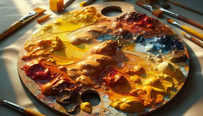 Artist's palette with warm colors, yellow glaze over burnt sienna, showing depth and vibrancy.