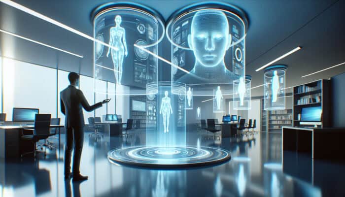Futuristic office with holographic screens showing virtual assistants being onboarded by expert holograms in a high-tech setting with blue lighting.