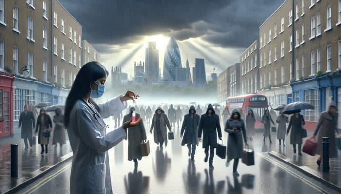 Vitamin D Blood Test in Glasgow: Rainy London street with people in coats rushing indoors; doctor examines blood vial as faint sun rays pierce gray clouds.