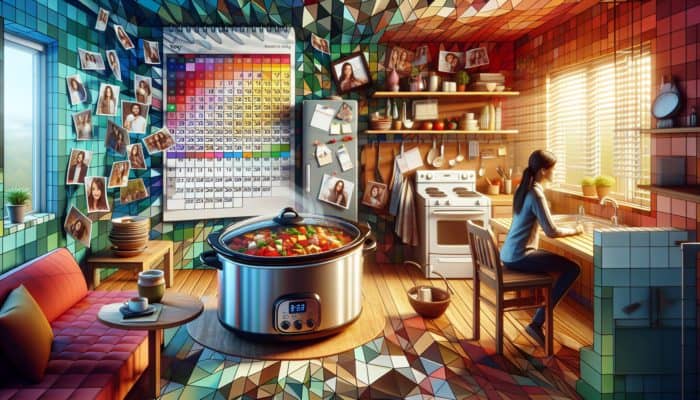 A busy person's cosy kitchen with a steaming slow cooker filled with flavorful stew, surrounded by family photos and a packed schedule.