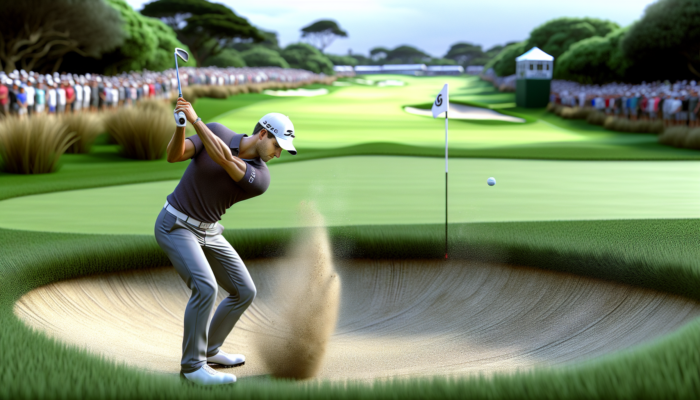 South African golfer executing a flop shot over a bunker to a tight pin during the South African Open.