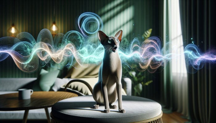 Oriental Shorthair Vocalization: A sleek Oriental Shorthair cat with green eyes, mouth open in vocalisation, emitting swirling blue and green sound waves in a cosy home.