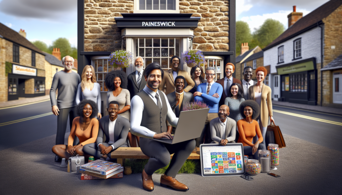 Painswick Online Marketing for Small Businesses: In Painswick, a shop owner at a historic stone cottage uses a laptop for SEO and social media, surrounded by smiling locals.