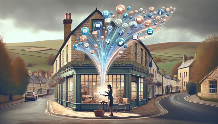 A quaint storefront in historic Painswick amid Cotswolds hills, with owner at laptop engaging via social media and search icons.
