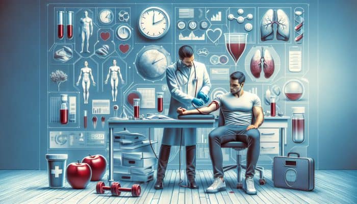Doctor drawing blood from fasting patient in modern UK lab, surrounded by diet symbols, lifestyle charts, and clock for precise health testing.