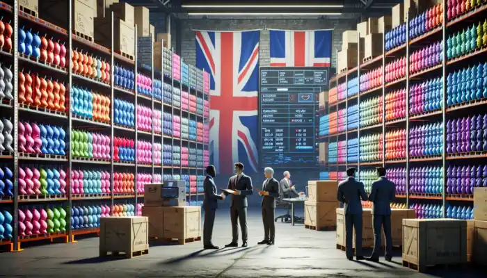 A bustling UK warehouse with shelves of colourful gloves, suppliers negotiating deals under Union Jack banners amid crates and equipment.