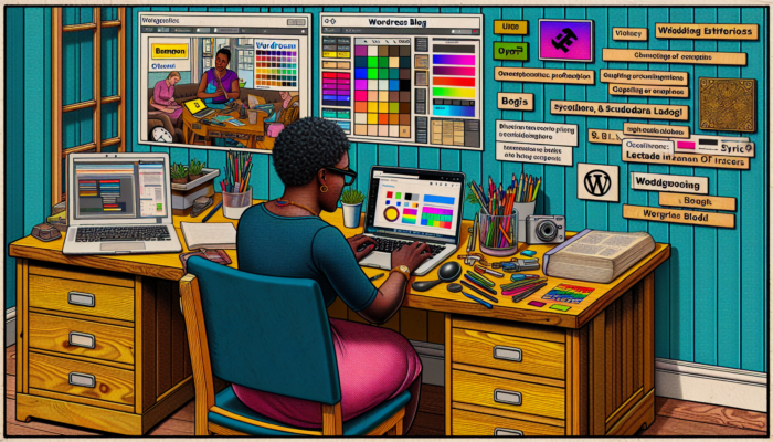 A determined small business owner in a cozy Bampton office designs a WordPress blog on a laptop with editing tools and brand elements.