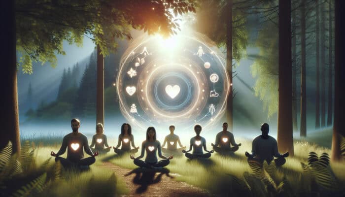 Diverse individuals in a serene forest glade at dawn practice mindfulness exercises; glowing heart and shield symbols represent emotional resilience.