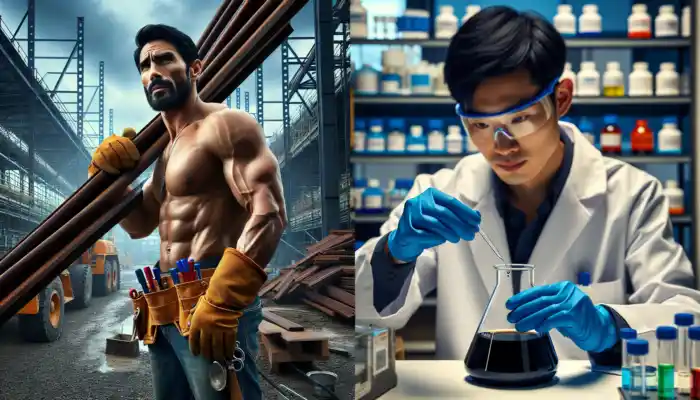 Safety Gloves in King's Lynn: A construction worker in leather gloves handles metal beams, while a lab technician in blue nitrile gloves pours chemicals.