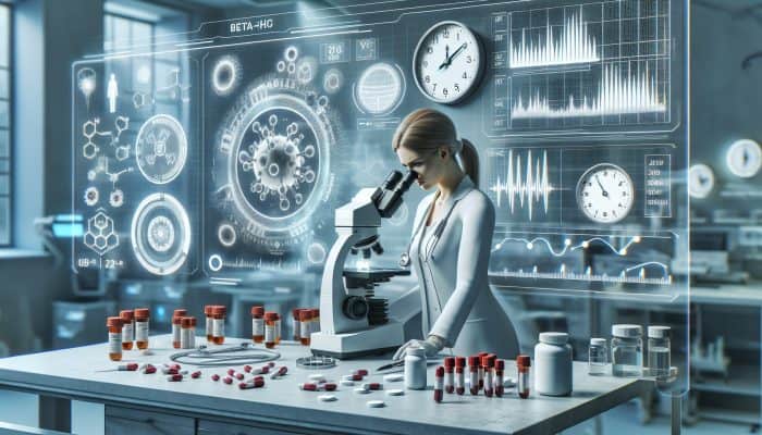 A scientist in a white coat examines a Beta-HCG blood sample under a microscope, surrounded by clocks, pill bottles, and accuracy graphs in a sophisticated laboratory.