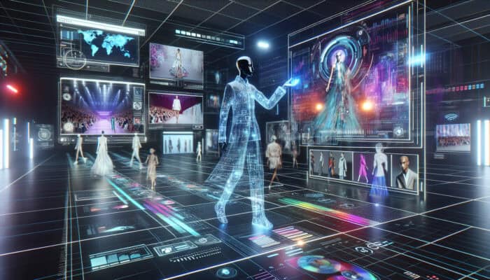 A fashionable holographic virtual assistant analyses global trends in a sleek digital studio with floating screens.