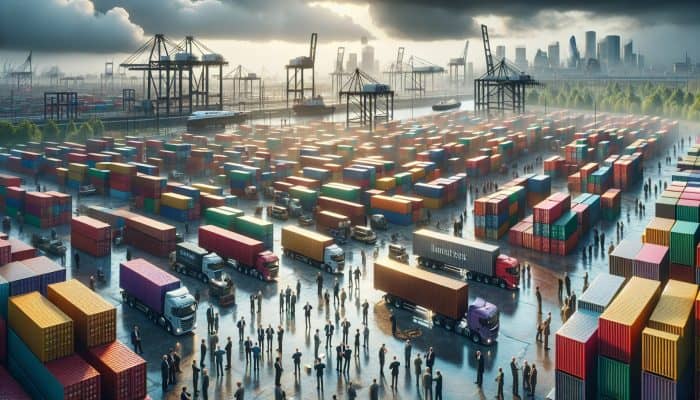Advanced Negotiation Tactics for Consolidation Rates | DCL Advanced Negotiation Tactics for Consolidation Rates: Bustling London logistics hub: workers loading colorful cargo containers onto trucks, negotiators reviewing documents in rain, with Manchester skyline distant.