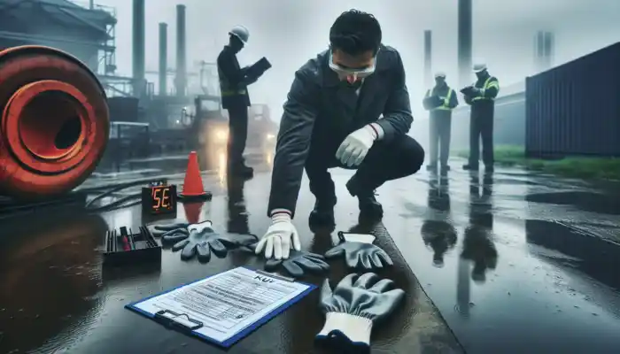 Safety inspector in rainy UK yard tests gloves for flexibility, grip, damage, and reviews compliance records on clipboard.