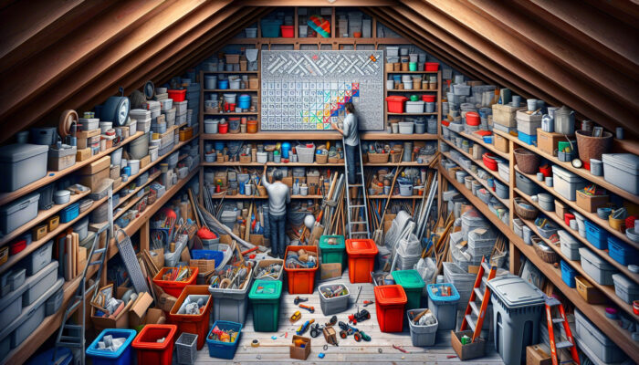 A person in a cluttered attic sorts boxes with color-coded labels for keep, donate, and discard, near a timeline calendar and organized tools.