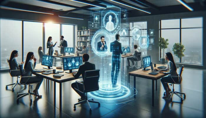 Professionals in a sleek office collaborate via holographic calls with remote workers at home desks, aided by digital virtual assistants, symbolising productivity and global connectivity.