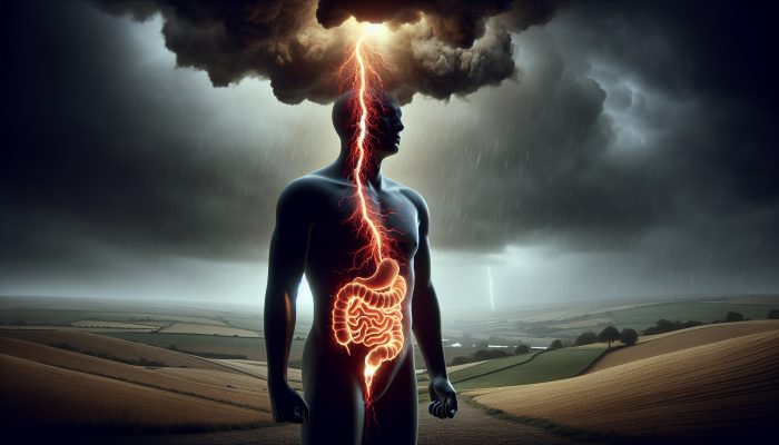 Surreal illustration: Human silhouette with glowing, inflamed gut sending red tendrils to stormy brain, symbolizing poor gut health's impact on UK mental wellbeing.
