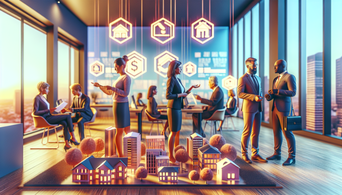 Investors discussing property financing in a modern Boksburg bank office, with Absa and FNB logos, mortgage documents, graphs, and house models under warm lighting.