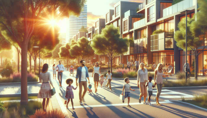 A safe, vibrant Boksburg neighborhood: families strolling tree-lined streets, children playing in parks, young professionals chatting at community events under a sunny sky.