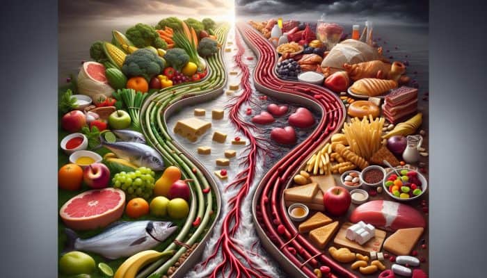 Split illustration: Fresh fruits, vegetables, and fish clear wide-open arteries, while fried foods and sweets clog narrow vessels.