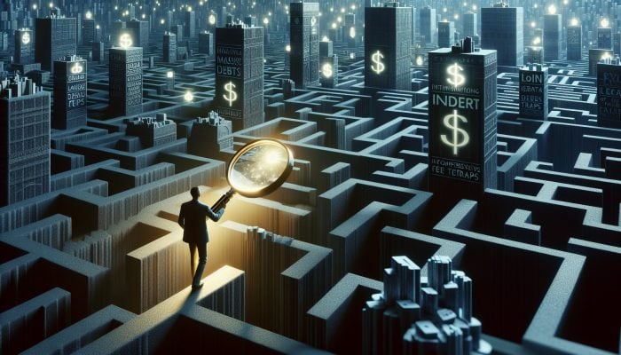 Navigator maneuvering through a shadowy maze of towering debt stacks and hidden fee traps, using a glowing magnifying glass to scrutinize lender documentation.