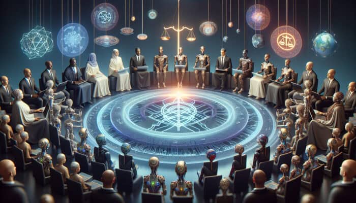 Diverse global leaders and AI robots collaborate around a glowing ethical code scroll with privacy shields, balanced scales, and neural networks, symbolising innovation and equity.