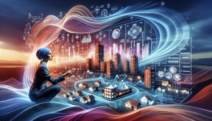 A navigator studies a detailed map of Kimberley's mid-level properties, with market graphs, surrounded by modern homes, skyscrapers, and a vibrant sunset sky.