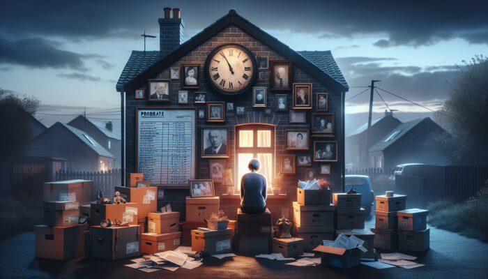 A somber British home at twilight with packed boxes, faded family photos, legal documents, and a clock showing 6-12 months; a grieving figure by the window.