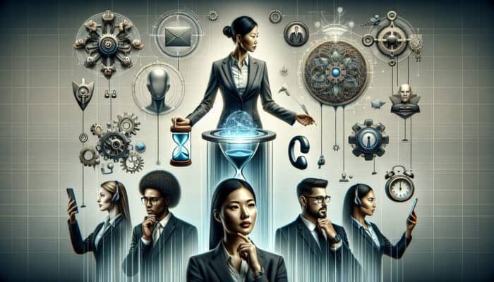 Tiered organisational chart: central leader delegates simple tasks to junior VAs, complex ones to experts, emphasising efficient workflow and accountability.