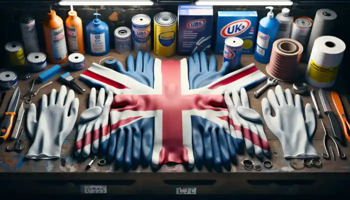 Heavy Duty Rubber Gloves in Leicester: A UK industrial workbench displaying blue nitrile, white latex, black neoprene, and clear PVC gloves from Polyco and Amtech.
