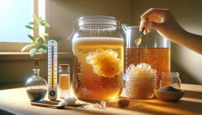 A glass jar of fermenting kombucha with translucent SCOBY, bubbles rising, and a hand tasting in a sunny kitchen.