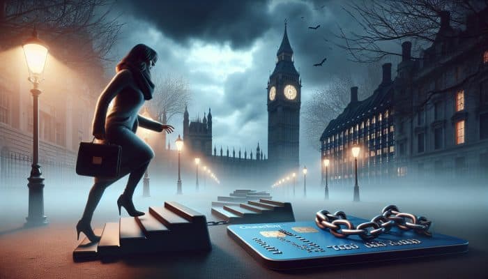 A cautious borrower navigates a foggy London street at dusk, avoiding hidden traps and credit card chains, with Big Ben looming.