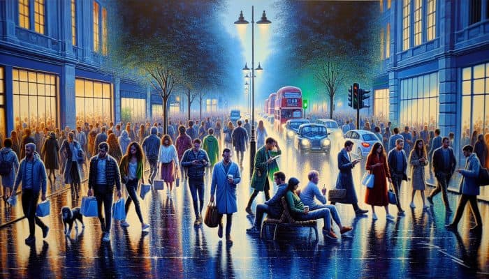 A rainy evening on a busy UK street with stressed commuters navigating through crowds, contrasted by a calm park where individuals relax with friends.